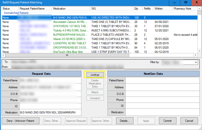 NextGen Unmatched Refills Module Lookup